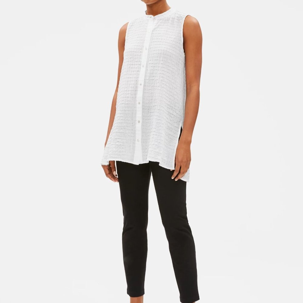 Eileen Fisher Organic Cotton Voile Box Mandarin Tunic Top White M NWT $158